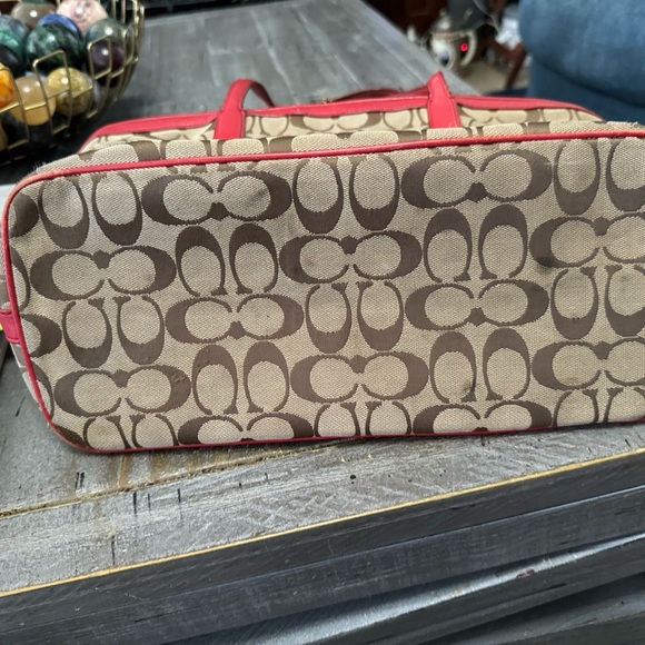 Coach 23465 Signature Canvas Weekend Zip Top Tote Bag Purse Handbag Red Khaki - Picture 16 of 16